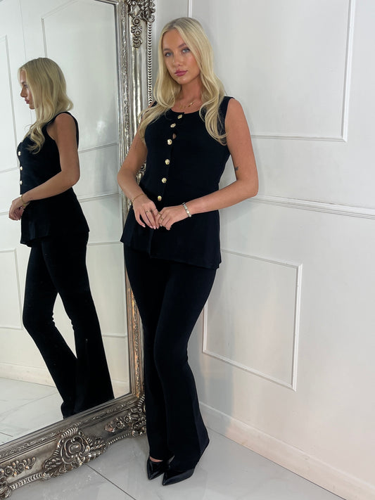Gold button detail waistcoat and flares co-ord - Black