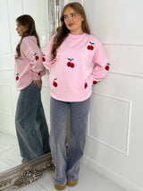 Embroidered Cherry Sweatshirt - Baby Pink