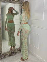 Lace Fitted Long Sleeve Top & Built In Knicker Lace Flares Co-Ord - Sage Green
