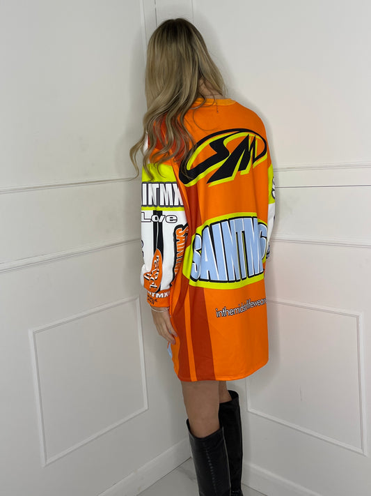Graphic Printed Long Sleeve Dress - Orange Multi