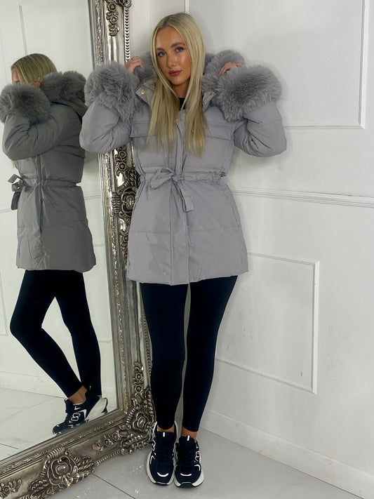 Fur hood trim Detail Longline Jacket - Grey