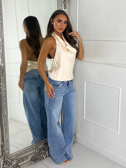 Elise Satin Cowl Halter Top - Ivory