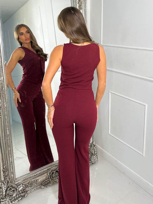 V neck Button Detail Waistcoat & Kick Flares Set - Wine