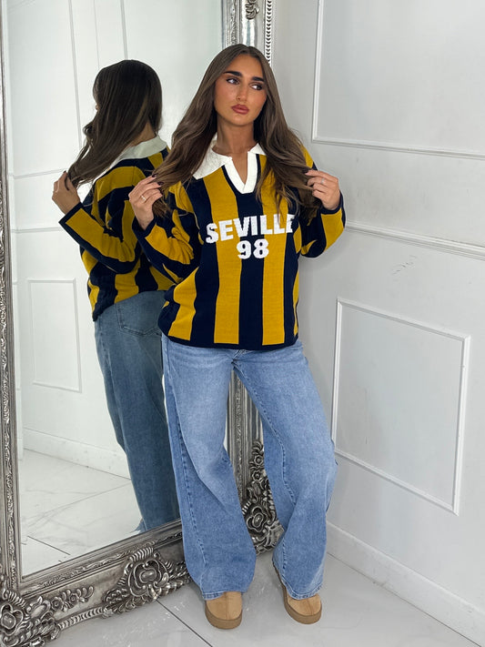 ‘Seville 98’ Striped Varsity Jumper - Yellow/Navy