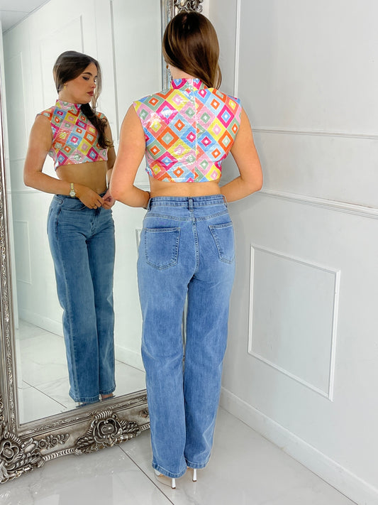 Super Shine High Neck Sequin Crop Top - Multi Diamond Print