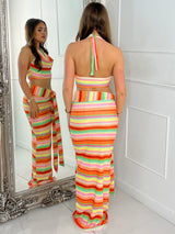 Cowl Neck Knitted Crochet Top & Tie Midi Skirt - Orange Multi