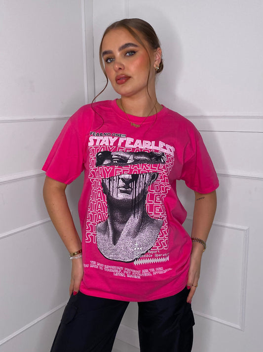 Fearless Statue Print  T-shirt- Hot Pink