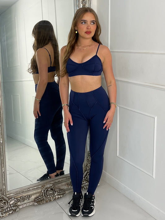 Seam Detail Bra & Leggings Set - Navy