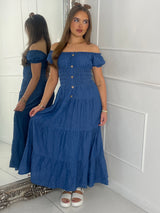 Button Detail Denim Maxi Dress - Blue