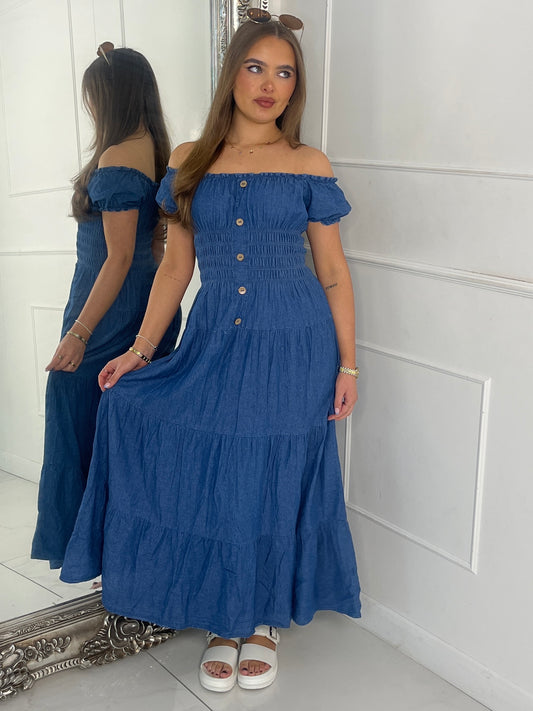 Button Detail Denim Maxi Dress - Blue