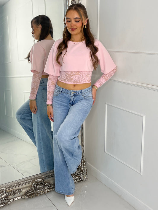 Round Neck Cropped Tee With Lace Bra Underlayer & Lace Sleeves - Baby Pink