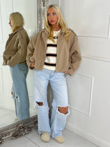 Collared Oversized Bomber Jacket - Beige