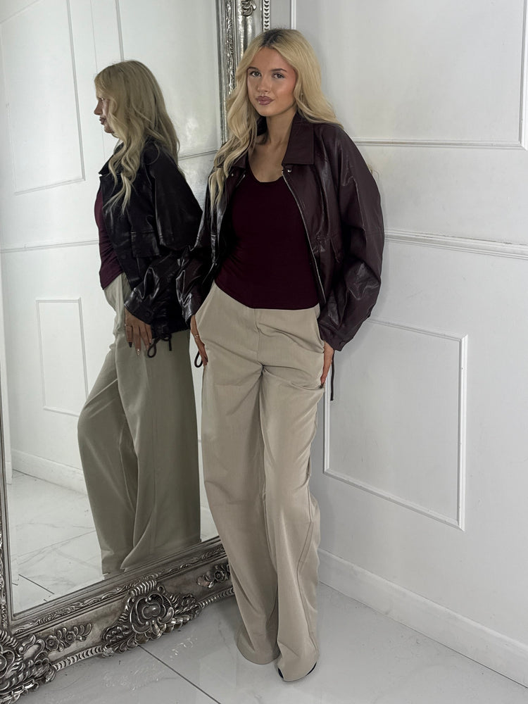 Oversized Leather PU Jacket with Drawstrings - Brown