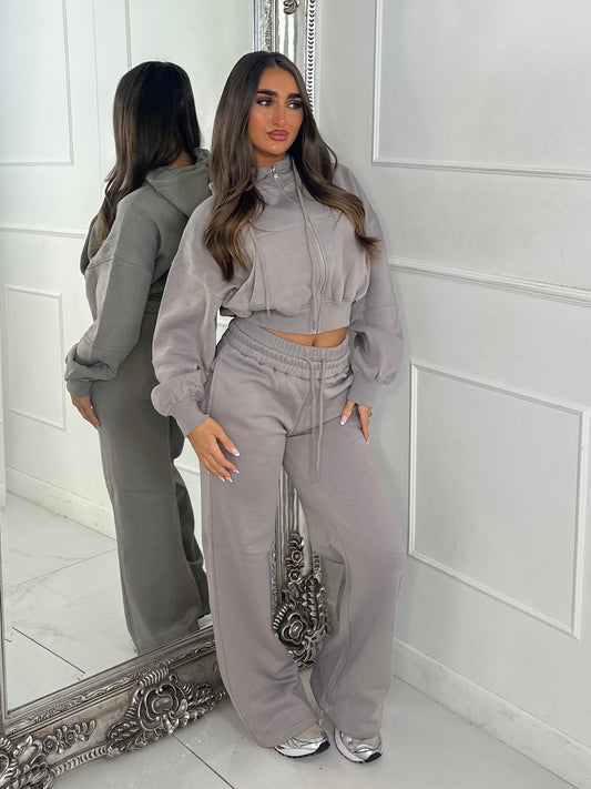 Hooded Zip Up & Double Waist Band Wide Leg Joggers Tracksuit - Dove Grey