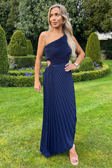 Navy One Shoulder Cut Out Pleated Midi Dress