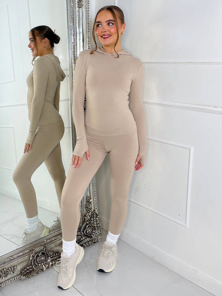 Long Sleeve Second Skin Hooded Top and Leggings Co-Ord - Mocha