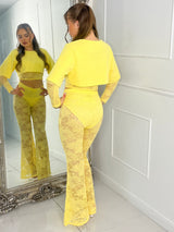Round neck Lace Sleeves Crop Tee & Built In Black Knicker Underlayer Lace Flares Co-Ord - Yellow