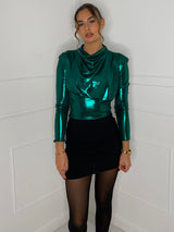 Metallic Padded Shoulder Top - Green