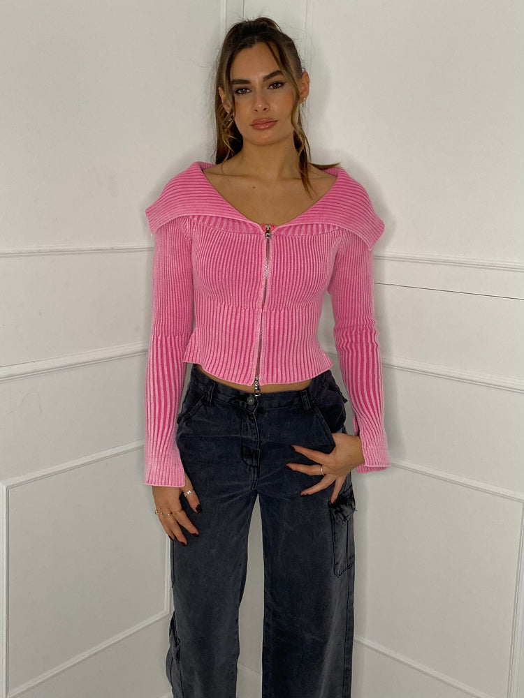 Thick Knit Fold Over Cardigan - Baby Pink