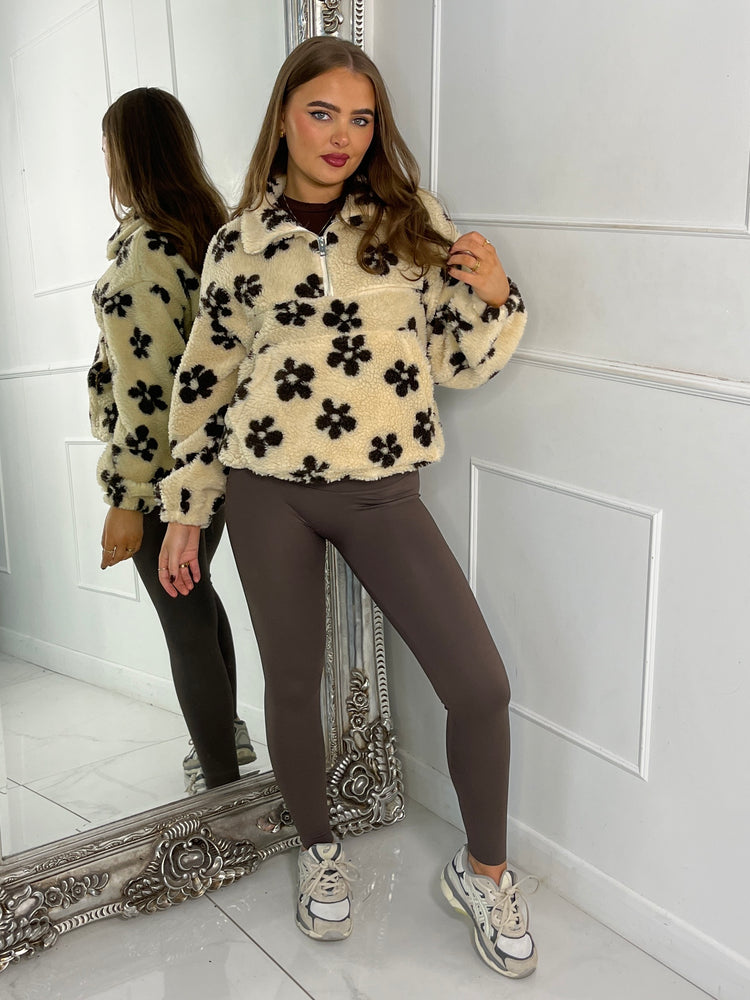Flower Printed Half Zip Fleece - Beige/Brown