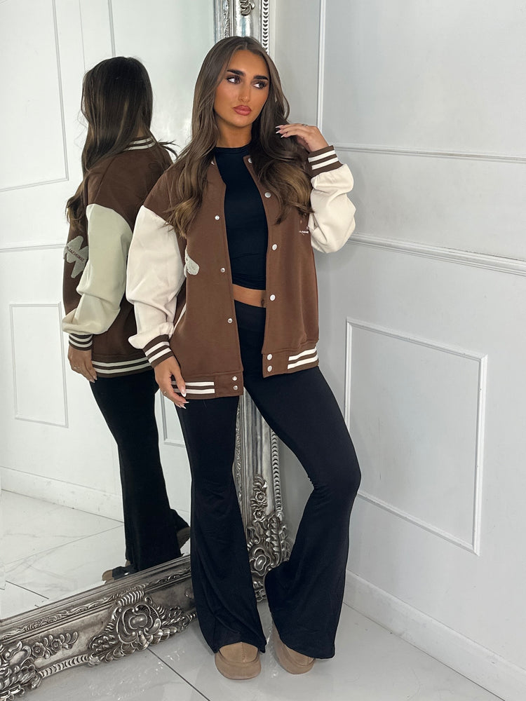 Embroidered Teddy Detail Varsity Jacket - Brown/Cream