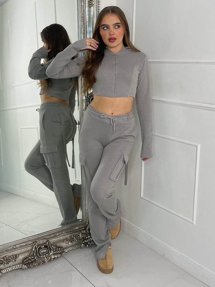 Corset detail hooded top & Ruche Back pocket Joggers Set - Dove Grey