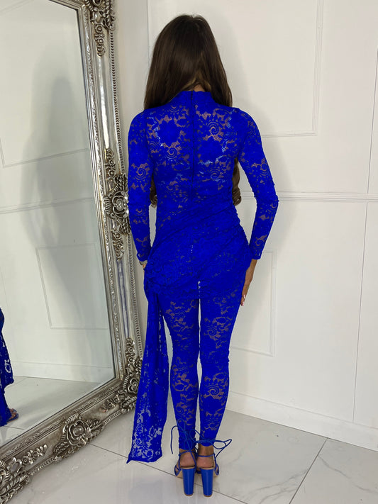 Sash Skirt Overlay Detail Lace Jumpsuit - Royal Blue