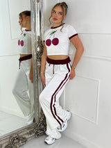 Cherry Tee & Side Stripe Trousers Co-Ord - White