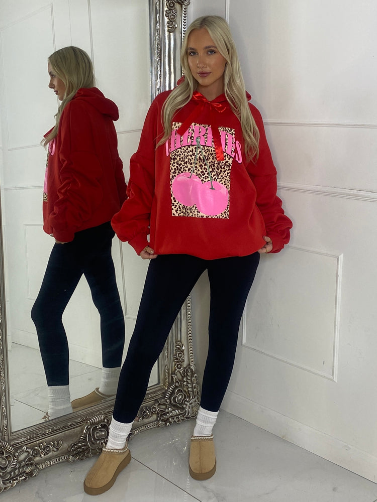 Leopard Box Cherries Print Ruche Sleeve Hoodie - Red