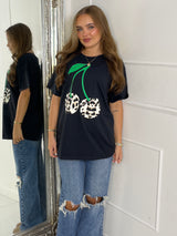 Green Cherry Oversized T-Shirt - Black