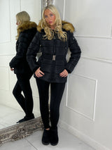 Padded Belted Coat With Faux Fur Hood - Black/Natural