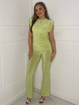 Padded Shoulder Cowl Neck Top & Fold Over Flares set - Lime Green