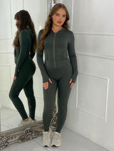 Hooded Gym Top & Gym Leggings Set - Khaki Green