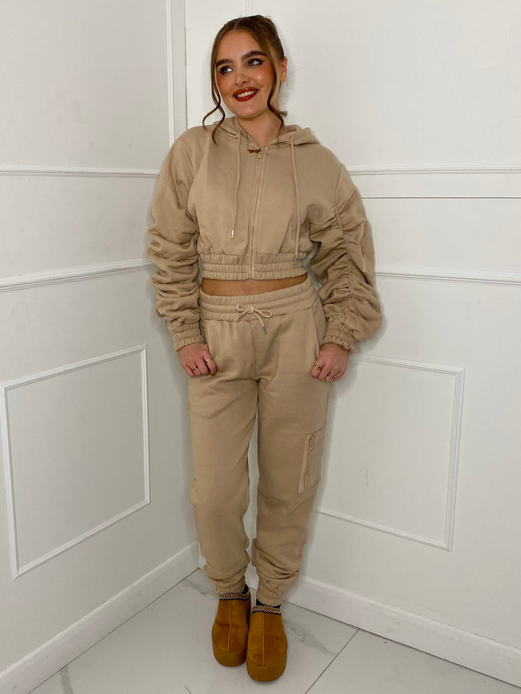 Cropped Ruched Sleeve Hoodie & Jogger Tracksuit - Stone