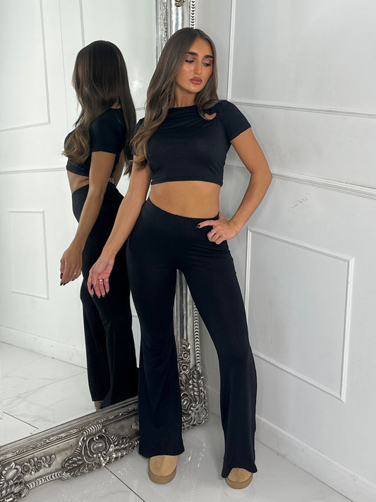 Heart Detail Crop Top & Wide Leg Pants Set - Black