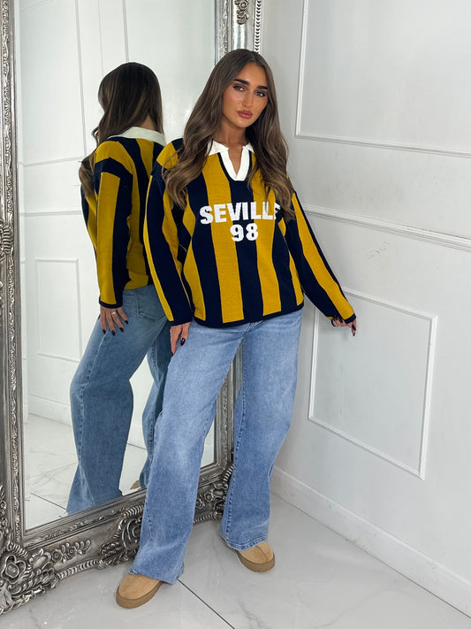 ‘Seville 98’ Striped Varsity Jumper - Yellow/Navy