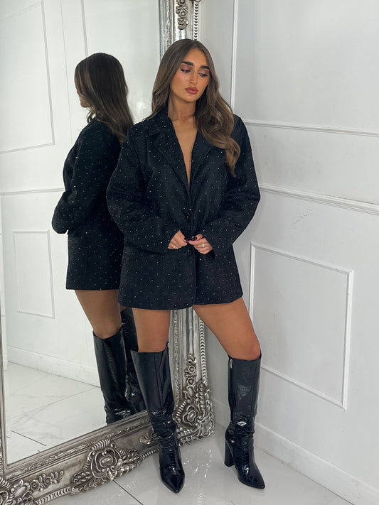 Lace Diamante Detail Oversized Blazer Dress - Black