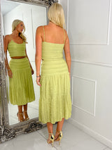 Lace Crochet Strappy Top & Flowy maxi Skirt Co-ord 
- Sage Green
