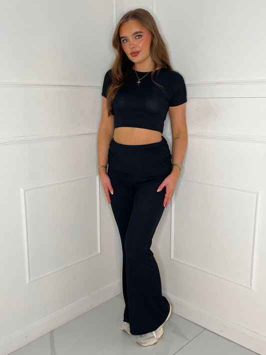 Ribbed Crop Top & Fold Over Flares Loungesuit - Black