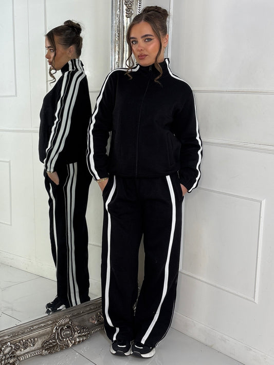 Side Stripe Collared Zip Up Jacket & Joggers Tracksuit - Black