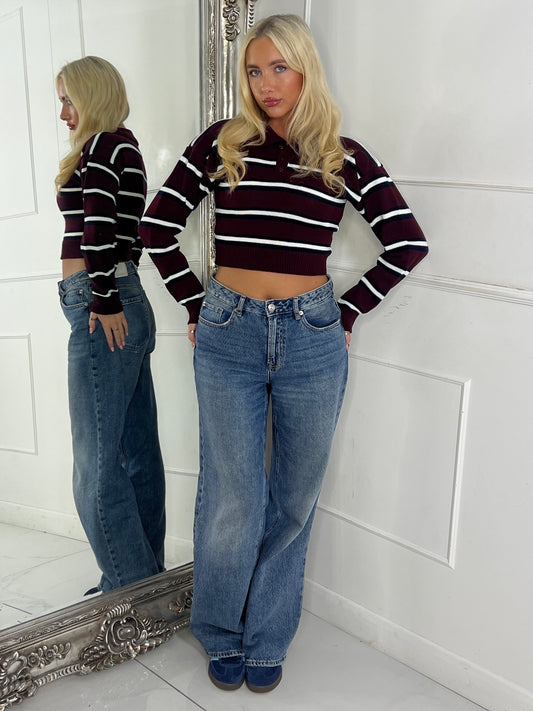 Crop Stripe Detail Knitted Long Sleeve Jumper - Wine / Navy