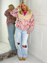Aztec Print Zip Up Fleece Jacket - Beige / Multi