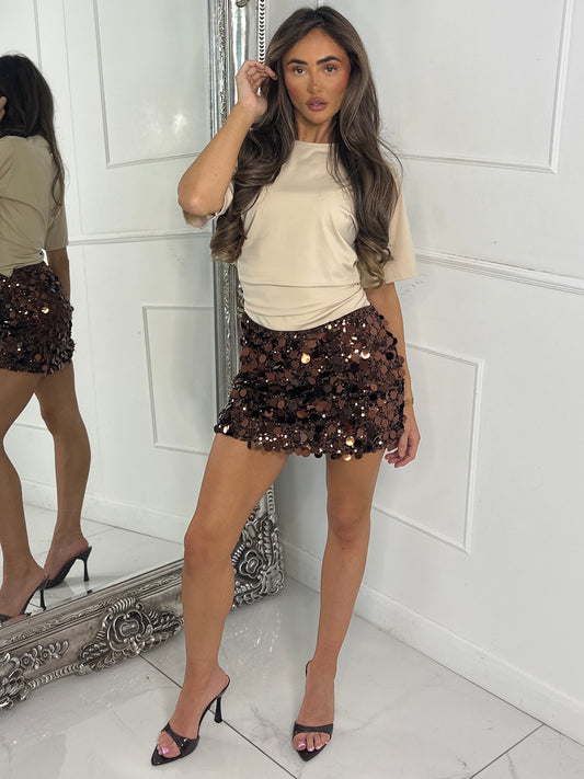 Contrast Disc Sequin Mini Skirt - Brown