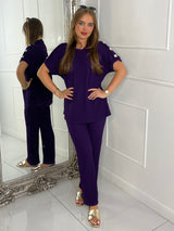 Gold Button Detail Oversized Top & Wide Leg Pants Co-Ord - Plum