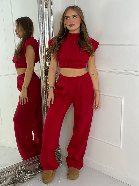 Padded Shoulder Top & Wide Leg Pants Tracksuit - Red