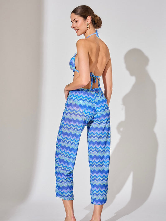 3 Piece Zig Zag Diamanté Tie Bikini- Blue