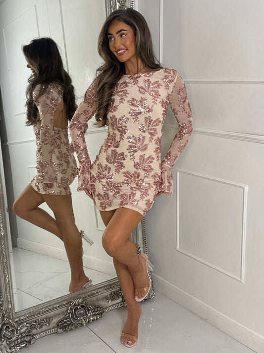 Long Sleeve Backless Sequin Detail Mini Dress - Beige