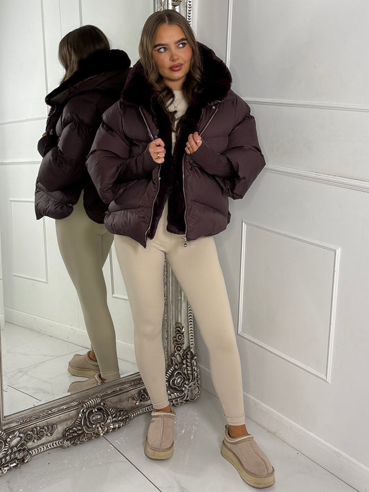Hooded Puffer Coat With Faux Fur Trim - Brown