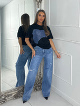 Blue Denim Print Oversized T-shirt - Black