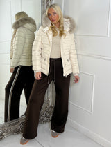 Padded Pocket Detail Faux Fur Hooded Jacket - Cream